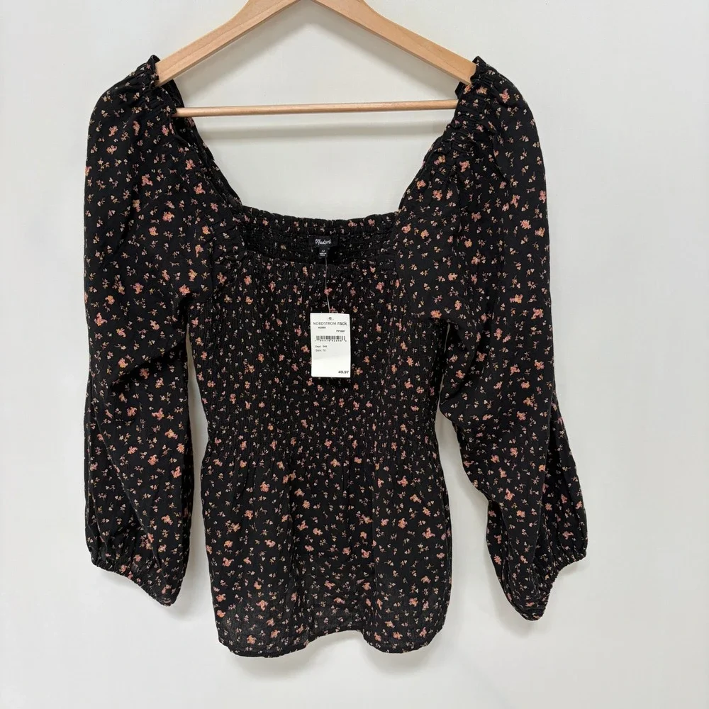 Madewell Smocked Floral Puff Sleeve Blouse 12 Black Womens NWT Boho Square Neck